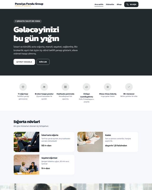 Pensiya fondu · Kart sayt dizaynının ekran görüntüsü