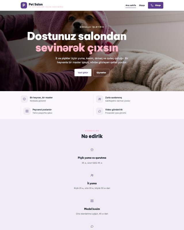Heyvan qruminq salonu üçün veb sayt şablonunun ekran görüntüsü