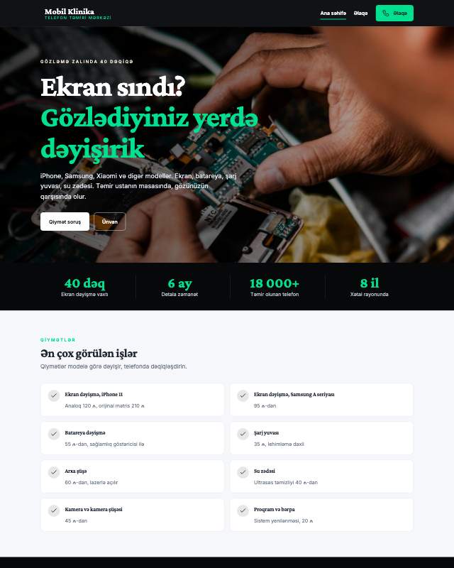Telefon təmiri üçün veb sayt şablonunun ekran görüntüsü