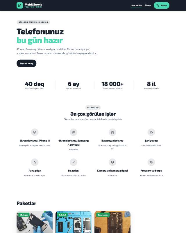 Telefon təmiri · Modern sayt dizaynının ekran görüntüsü