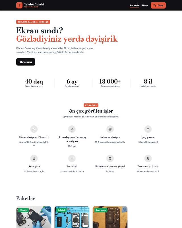 Telefon təmiri · Kontrast sayt dizaynının ekran görüntüsü