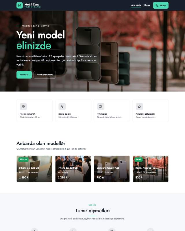 Telefon mağazası · Modern veb sayt şablonunun ekran görüntüsü