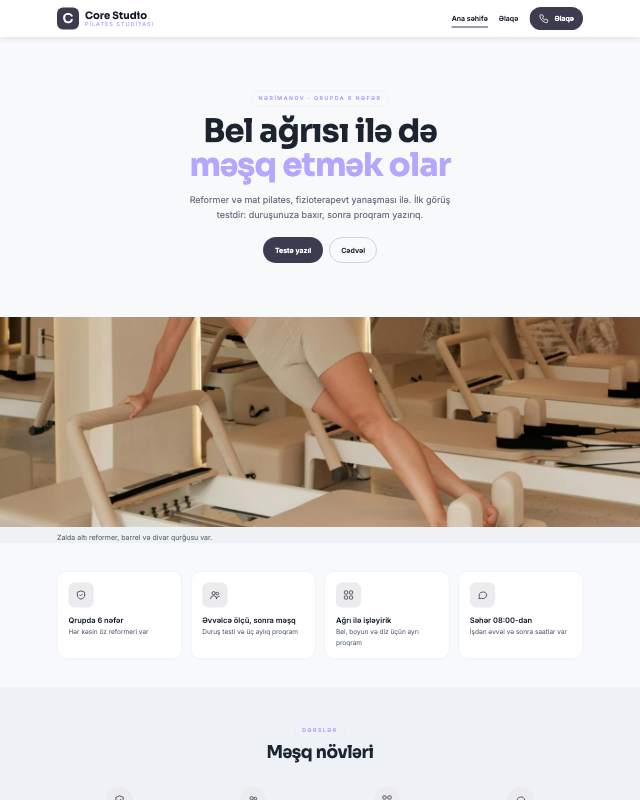 Pilates studiyası sayt dizaynının ekran görüntüsü