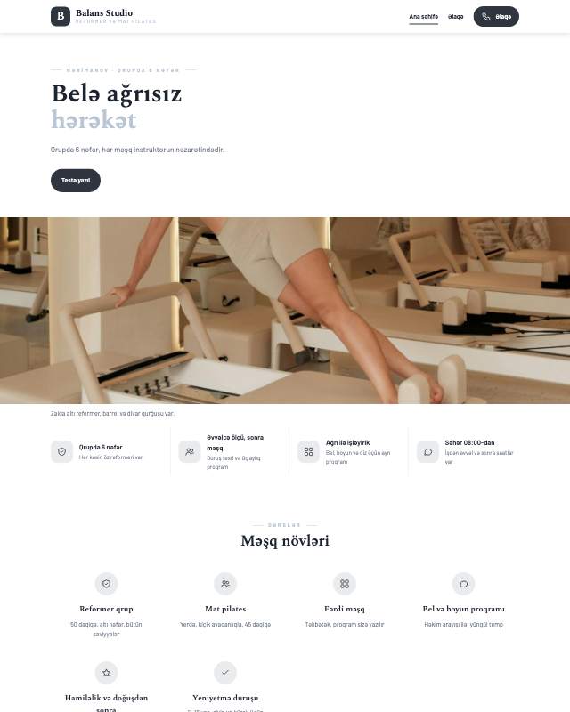 Pilates studiyası · Ağ sayt dizaynının ekran görüntüsü