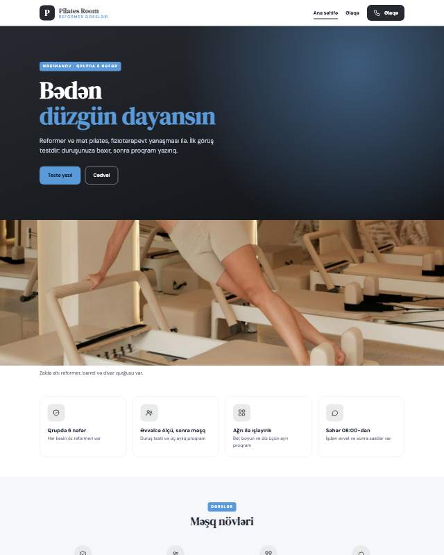 Pilates studiyası · Minimal veb sayt şablonunun ekran görüntüsü