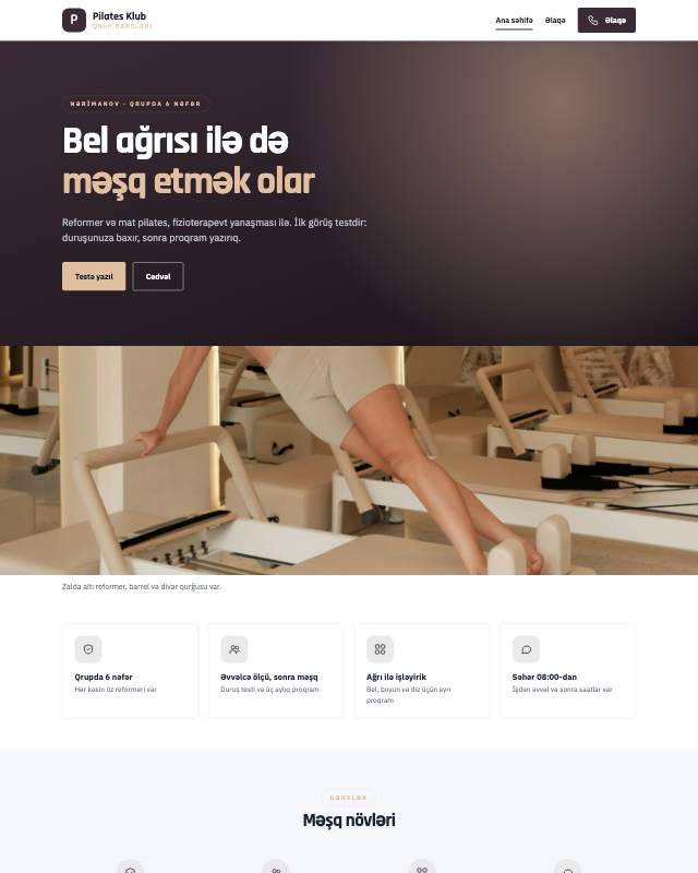 Pilates studiyası üçün veb sayt şablonu «Zərif»: ekran görüntüsü