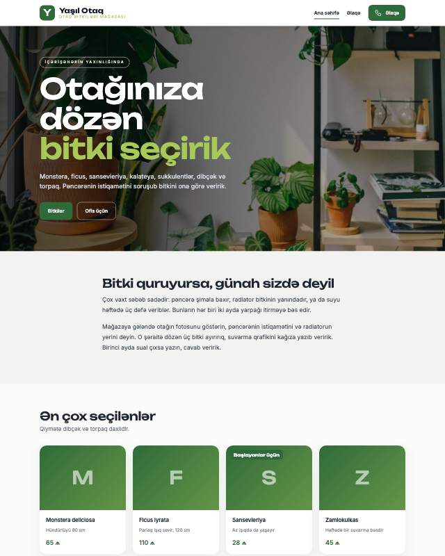 Otaq bitkiləri mağazası üçün veb sayt şablonunun ekran görüntüsü