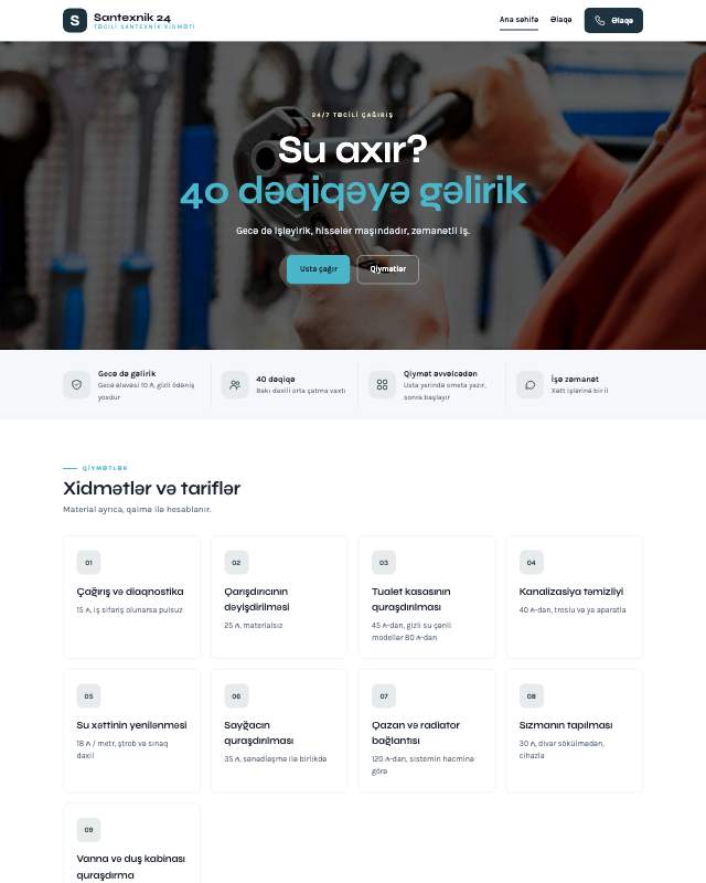 Santexnik · Təcili sayt dizaynının ekran görüntüsü
