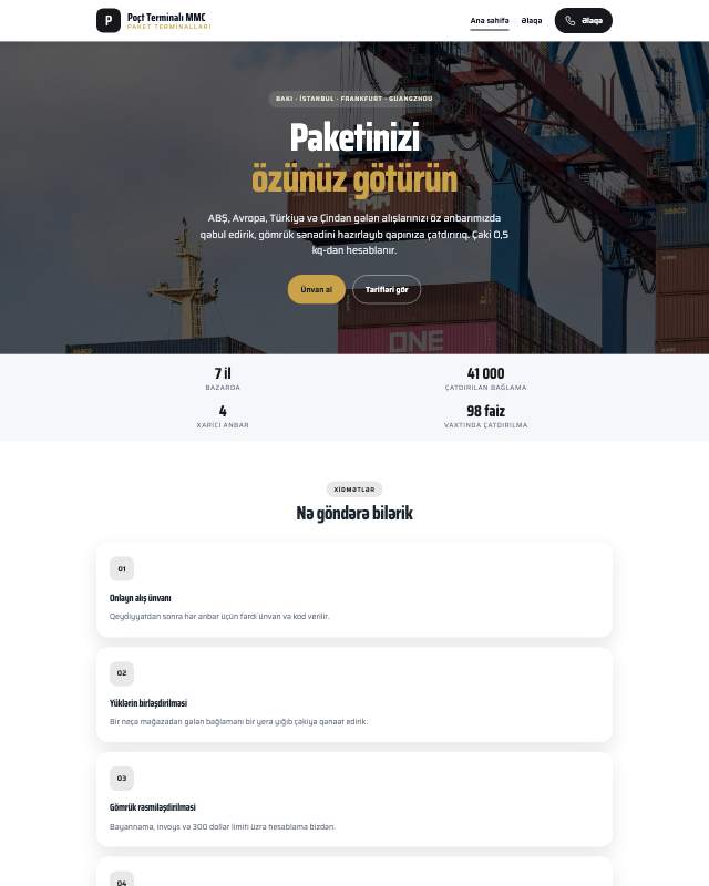 Paket terminalları · Tünd sayt dizaynının ekran görüntüsü