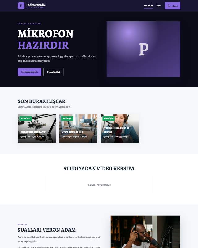 Podkast çəkiliş studiyası üçün veb sayt şablonunun ekran görüntüsü