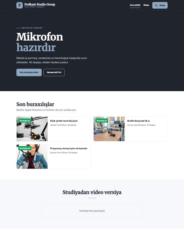 Podkast çəkiliş studiyası üçün veb sayt şablonu «Studiya»: ekran görüntüsü