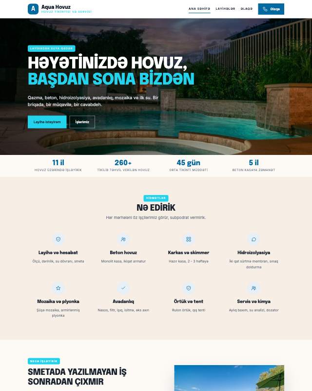 Hovuz tikintisi veb sayt şablonunun ekran görüntüsü