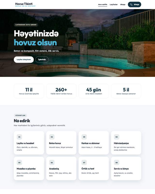Hovuz tikinti şirkəti üçün veb sayt şablonu «Su»: ekran görüntüsü