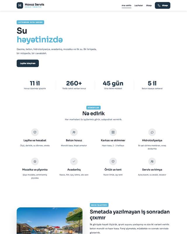 Hovuz tikintisi · Təmiz veb sayt şablonunun ekran görüntüsü