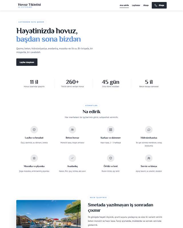 Hovuz tikintisi · Sadə veb sayt şablonunun ekran görüntüsü