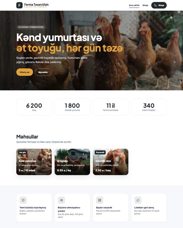 Quşçuluq təsərrüfatı üçün veb sayt şablonu «Kart»: ekran görüntüsü