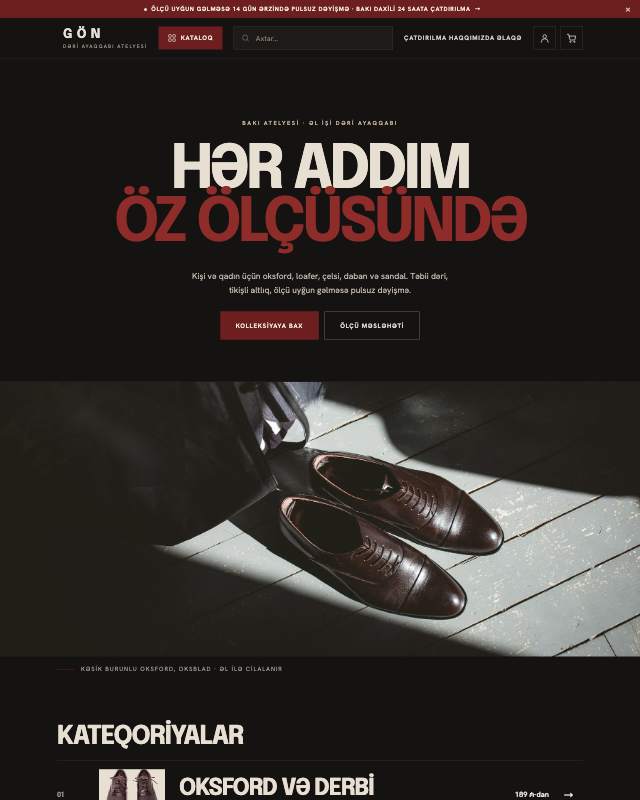 Dəri ayaqqabı atelyesi (GÖN) sayt dizaynının ekran görüntüsü