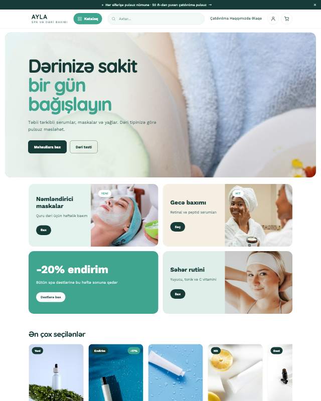 Spa və dəri baxımı (AYLA) sayt dizaynının ekran görüntüsü