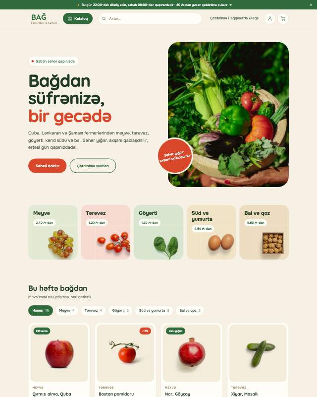 Təsərrüfat məhsulları (BAĞ) sayt dizaynının ekran görüntüsü