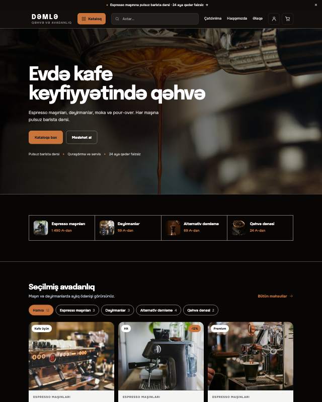 Qəhvə avadanlığı sayt dizaynının ekran görüntüsü