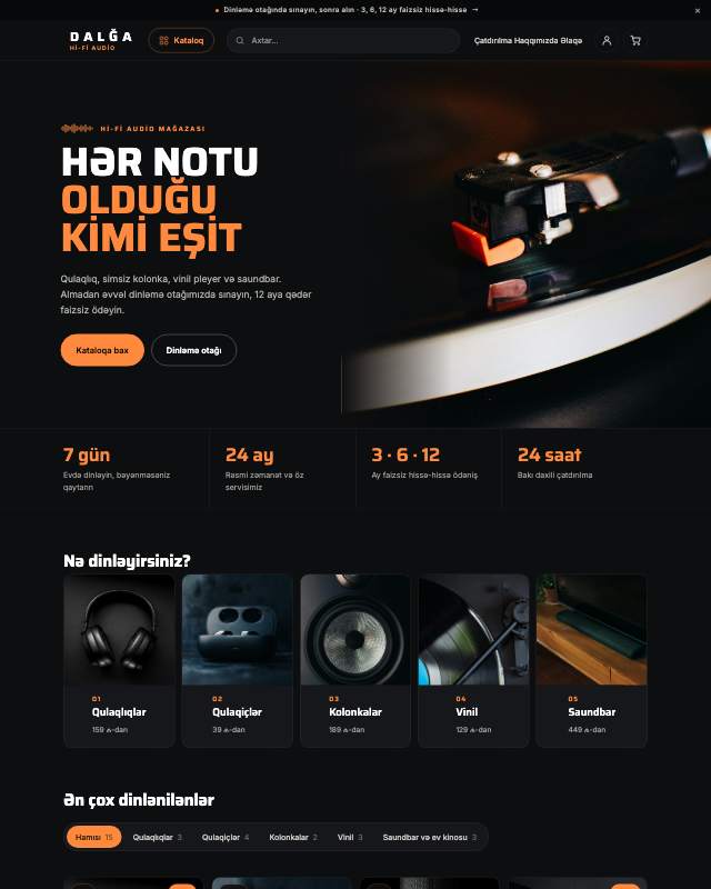 Premium audio mağazası (DALĞA) sayt dizaynının ekran görüntüsü