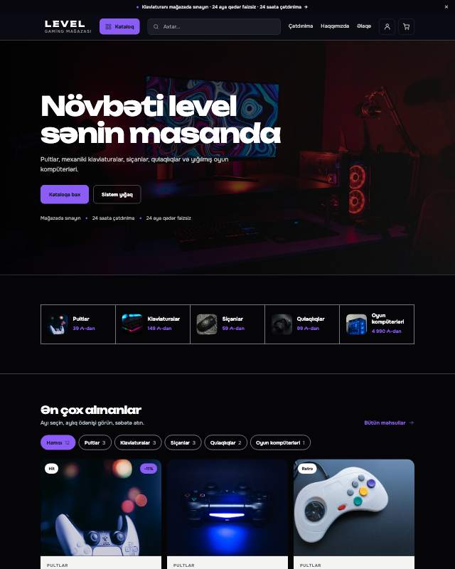 Gaming mağazası sayt dizaynının ekran görüntüsü