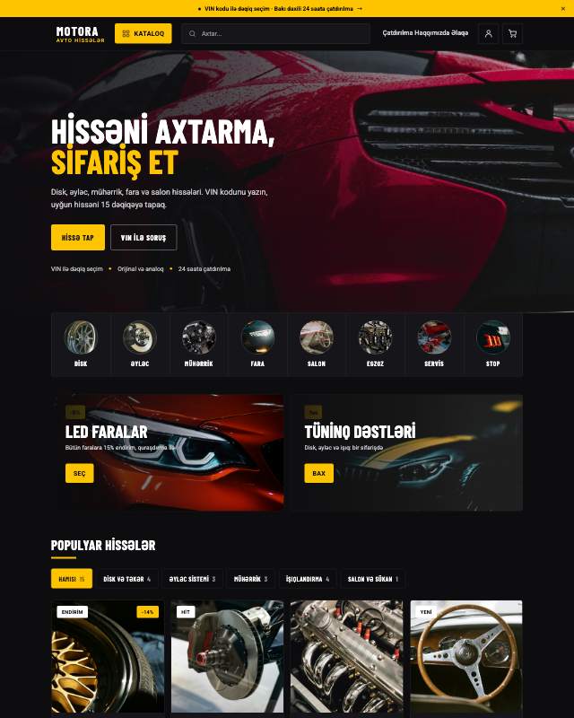 Avto hissələr və tüninq (MOTORA) sayt dizaynının ekran görüntüsü