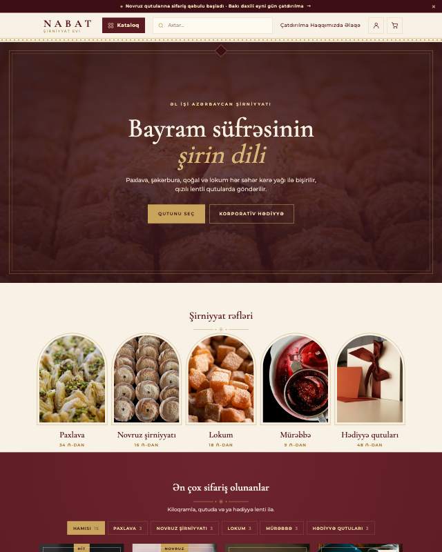 Şirniyyat və hədiyyə qutuları (NABAT) sayt dizaynının ekran görüntüsü