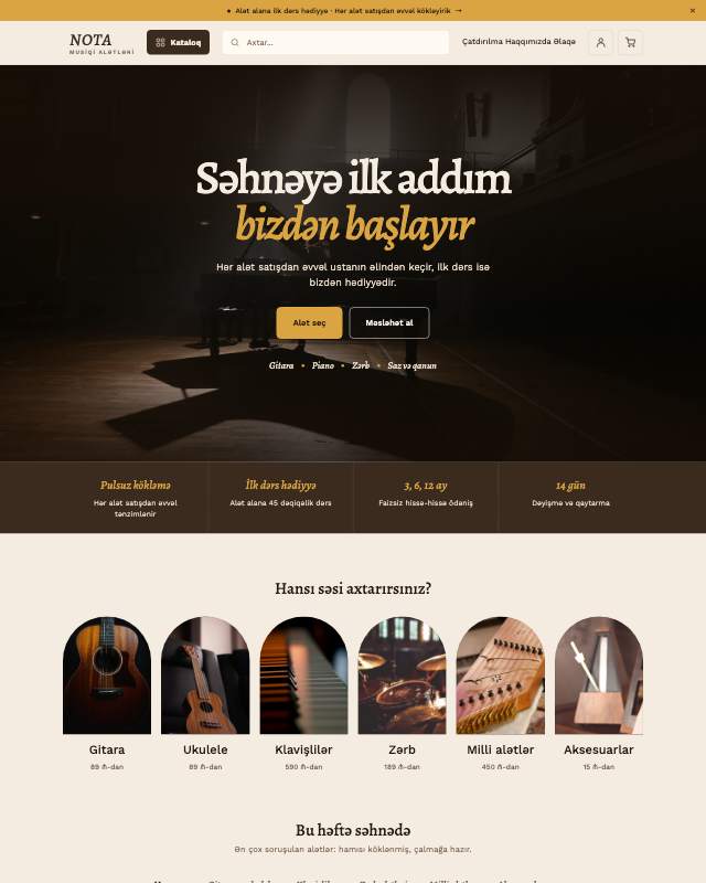 Musiqi alətləri (NOTA) sayt dizaynının ekran görüntüsü