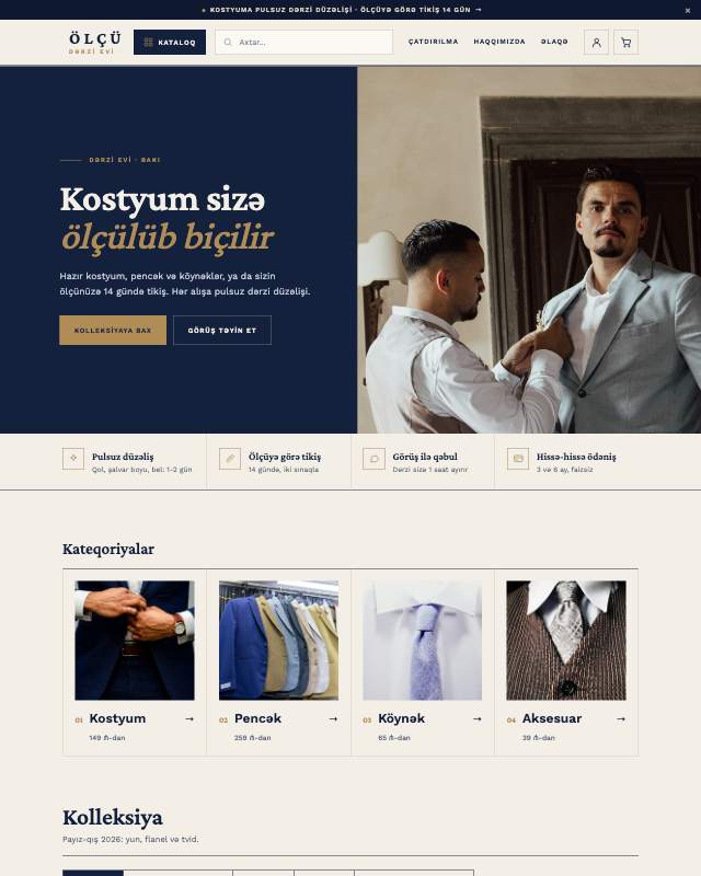 Kişi geyimi və dərzi (ÖLÇÜ) sayt dizaynının ekran görüntüsü