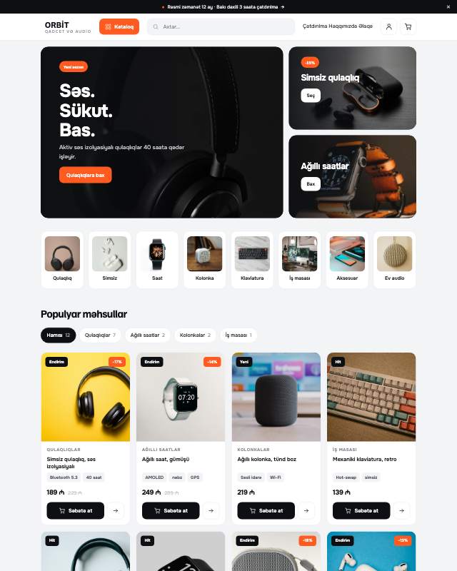 Qadcet və audio mağazası (ORBİT) sayt dizaynının ekran görüntüsü