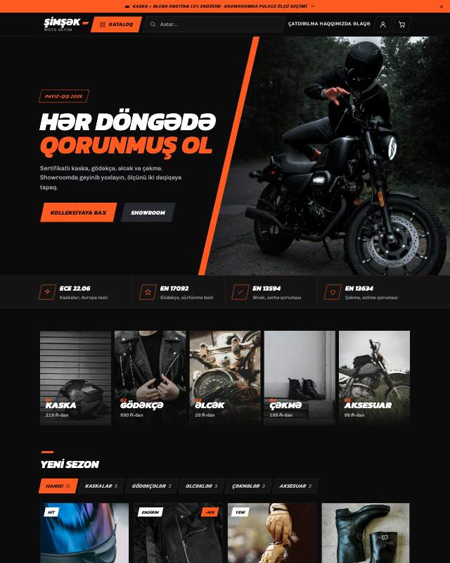 Moto geyim və avadanlıq (ŞİMŞƏK) sayt dizaynının ekran görüntüsü
