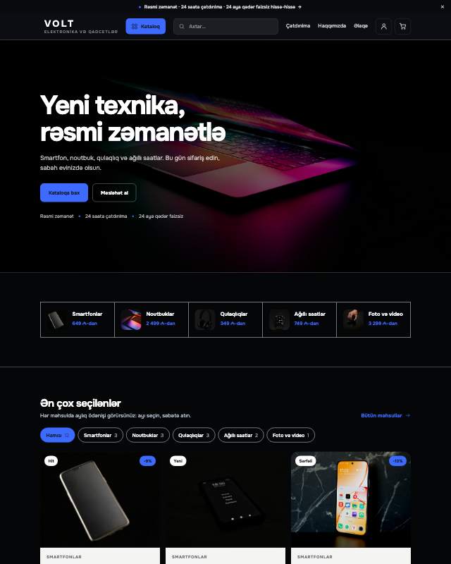Elektronika mağazası sayt dizaynının ekran görüntüsü
