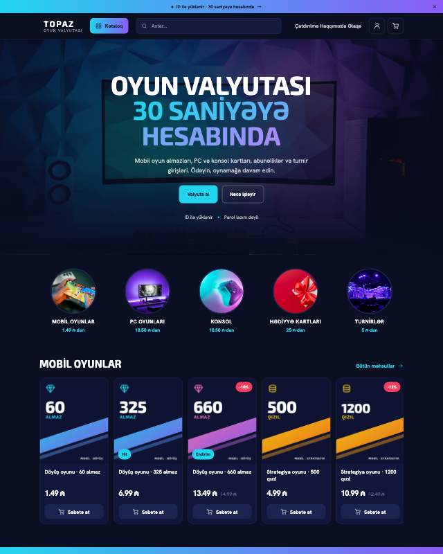Oyun valyutası və hədiyyə kartları sayt dizaynının ekran görüntüsü