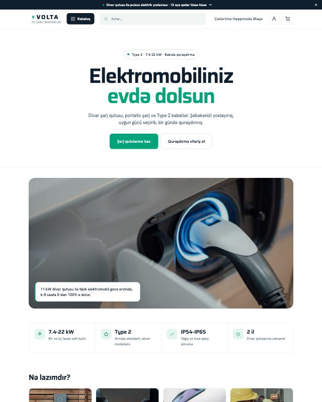 Elektromobil şarj avadanlığı (VOLTA) sayt dizaynının ekran görüntüsü