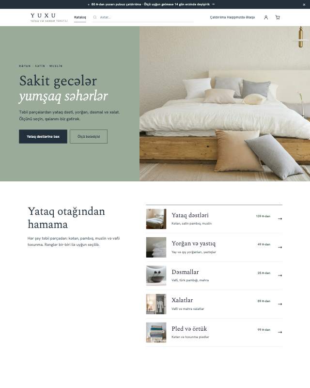 Yataq və hamam tekstili (YUXU) sayt dizaynının ekran görüntüsü