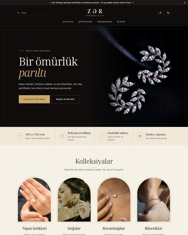 Zərgərlik evi (ZƏR) sayt dizaynının ekran görüntüsü