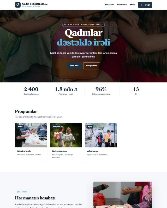 Qadın təşkilatı · Təmiz veb sayt şablonunun ekran görüntüsü