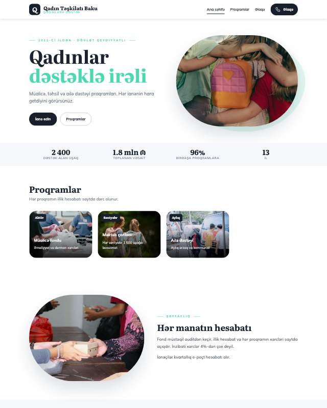 Qadın təşkilatı · Modern veb sayt şablonunun ekran görüntüsü