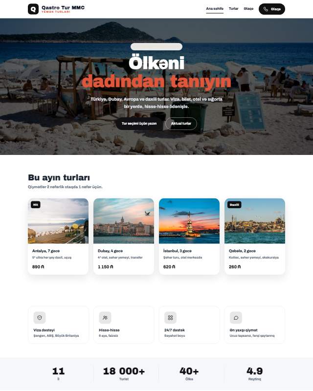 Qastronomik turlar · Kontrast veb sayt şablonunun ekran görüntüsü