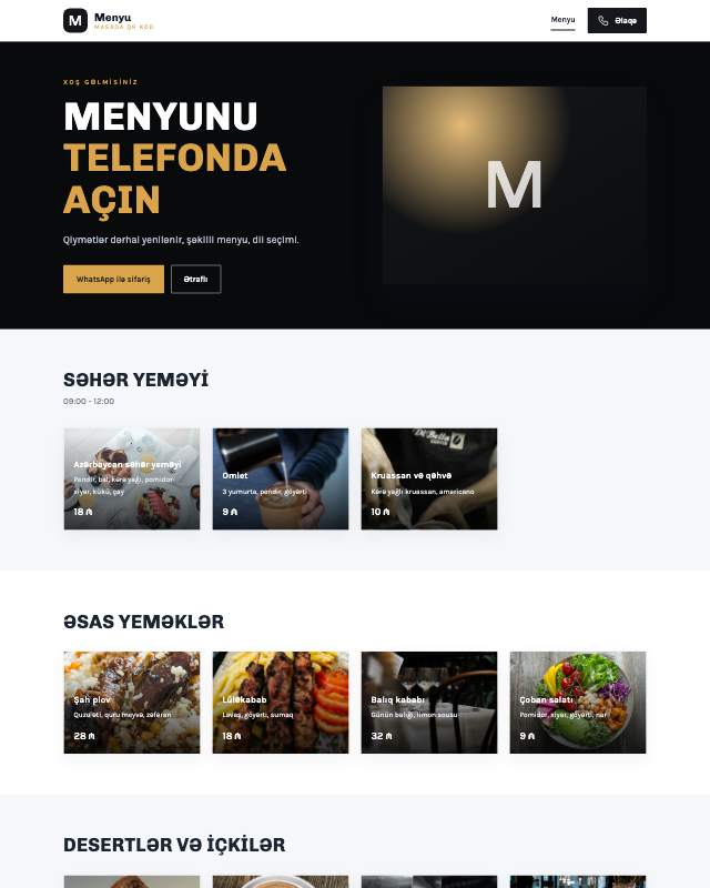QR menyu üçün veb sayt şablonu «Tünd»: ekran görüntüsü