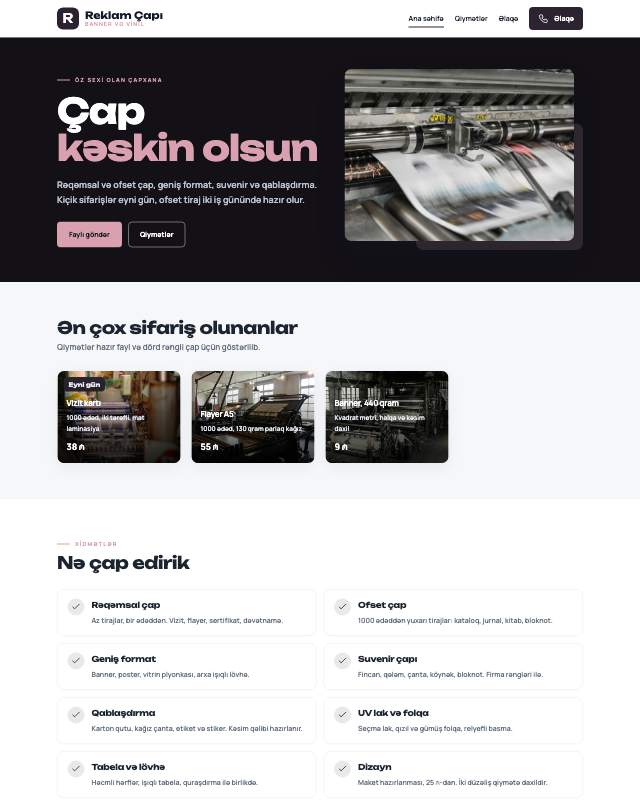 Reklam çapı üçün veb sayt şablonunun ekran görüntüsü