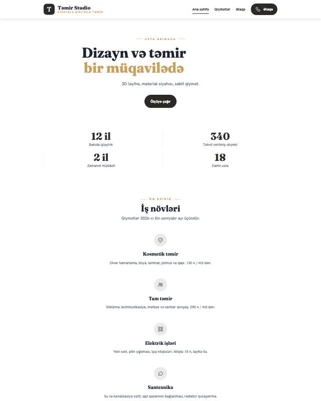 Təmir · Açar təslim veb sayt şablonunun ekran görüntüsü