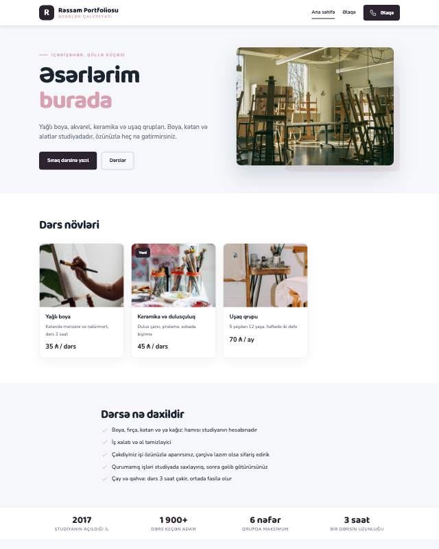 Rəssam portfoliosu sayt dizaynının ekran görüntüsü