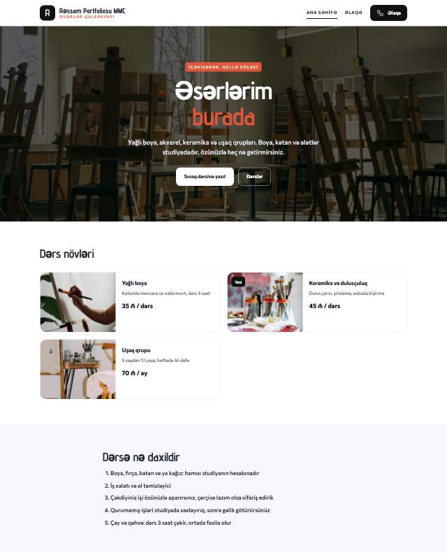 Rəssam portfoliosu · Kontrast veb sayt şablonunun ekran görüntüsü