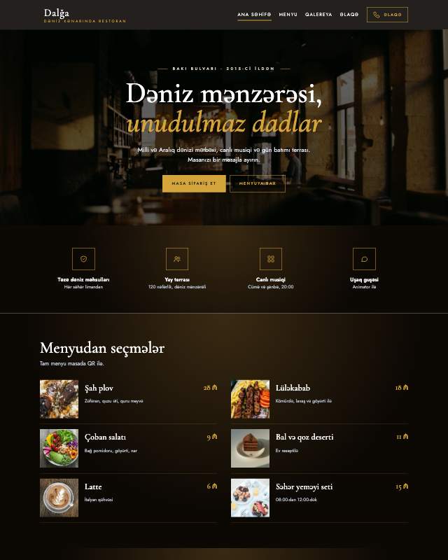 Restoran / Kafe sayt dizaynının ekran görüntüsü