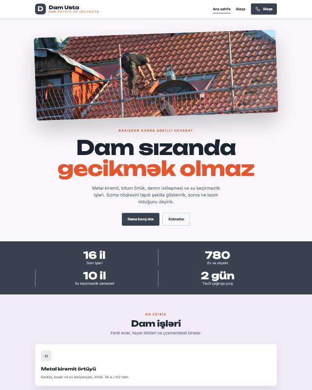 Dam örtüyü şirkəti üçün veb sayt şablonunun ekran görüntüsü