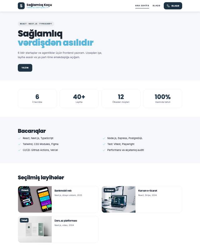 Sağlamlıq koçu sayt dizaynının ekran görüntüsü