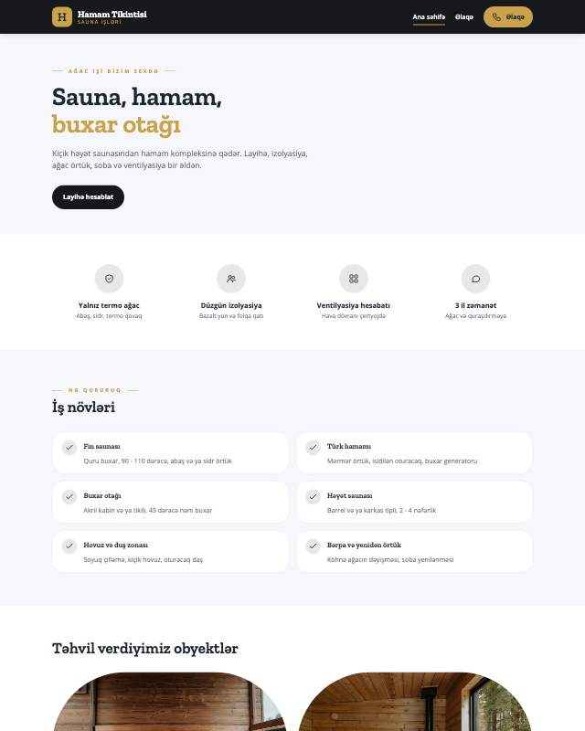 Sauna və hamam · Tünd veb sayt şablonunun ekran görüntüsü
