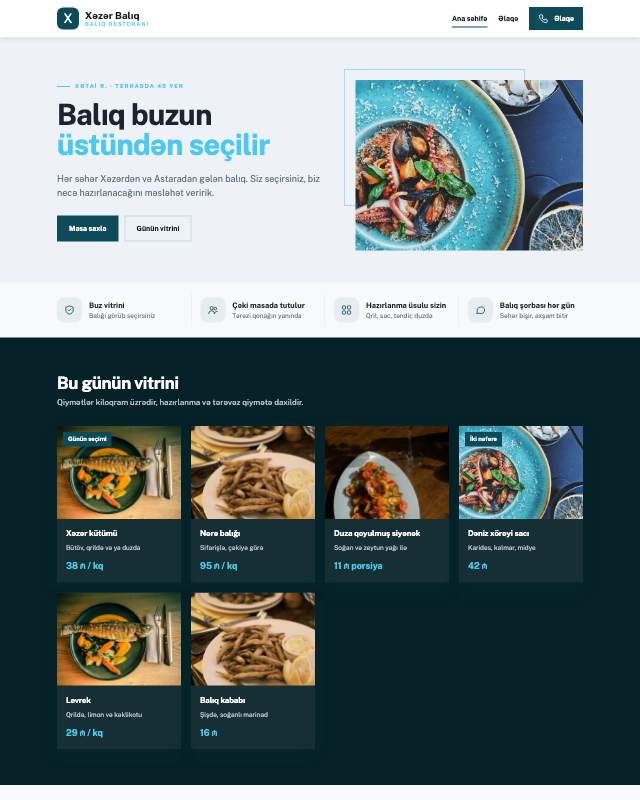 Balıq restoranı üçün veb sayt şablonunun ekran görüntüsü